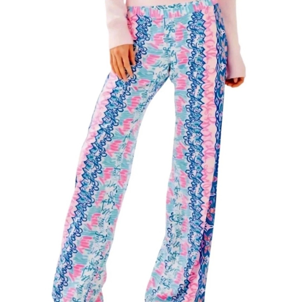 Lilly Pulitzer Bal Harbour Palazzo Pants Large Pink Blue Logo Print Wide Leg